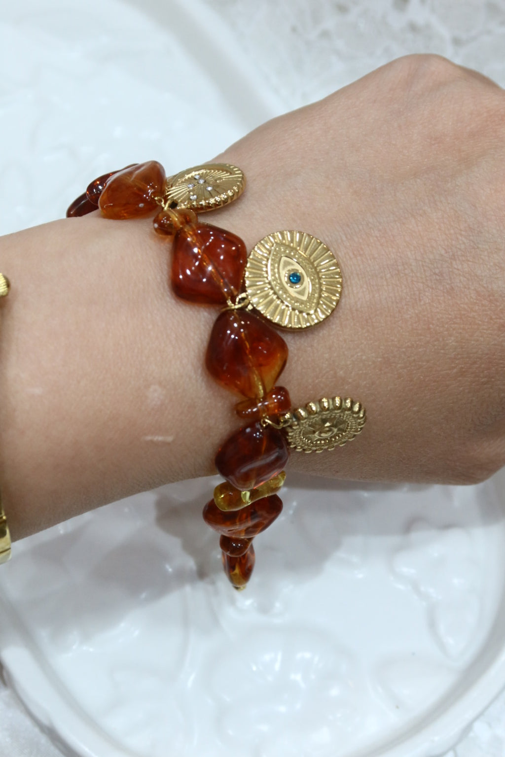 Βραχιόλι ατσάλι με χρυσά ματάκια και καφέ πέτρες