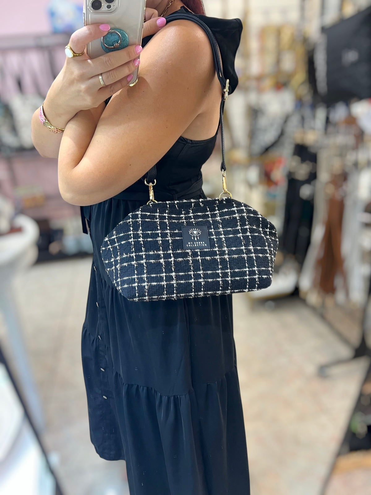 Black & White Gold-Thread Plaid Medium frame bag
