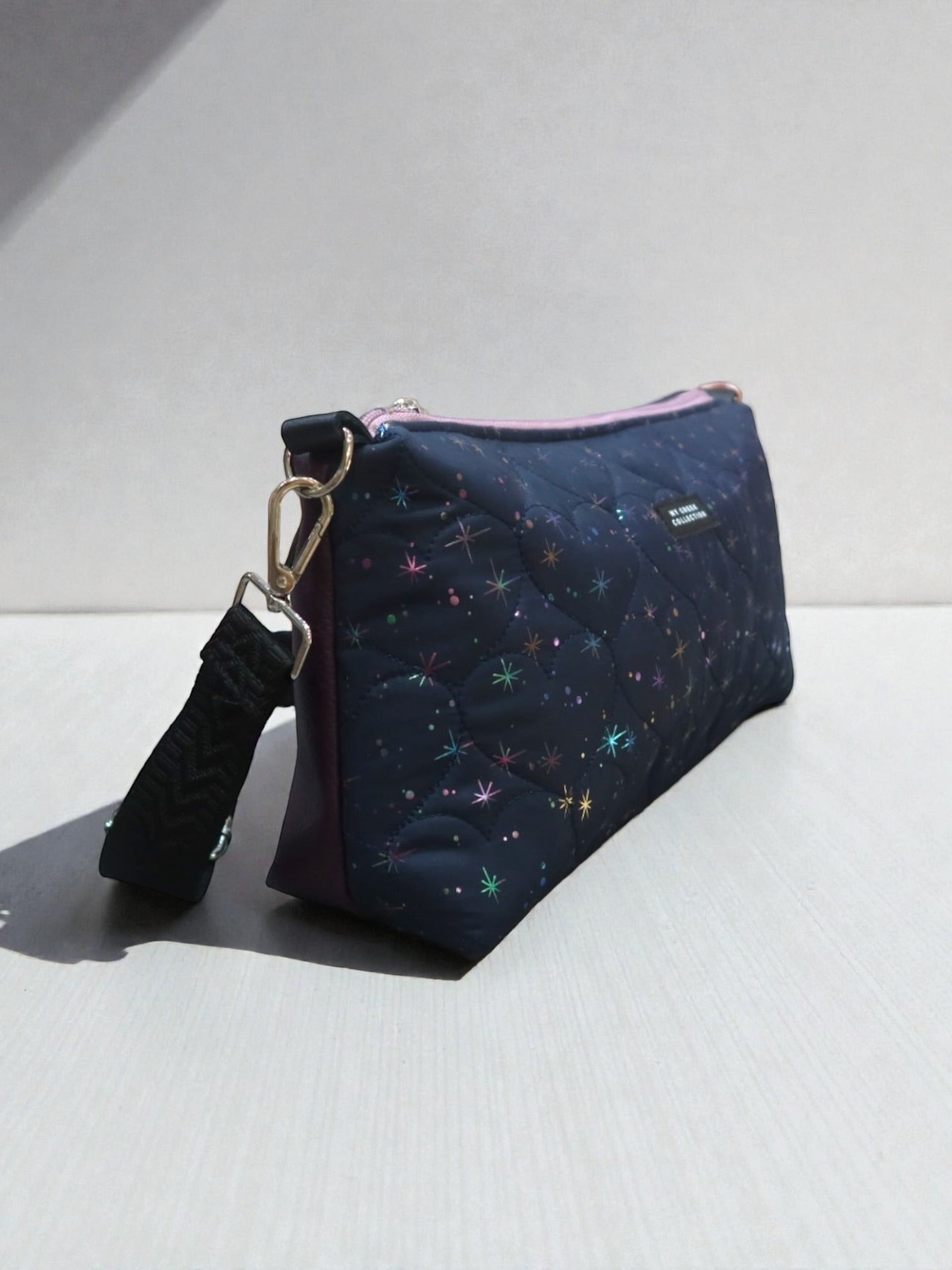 Kallia / reversible baguette bag blue with stars and purple