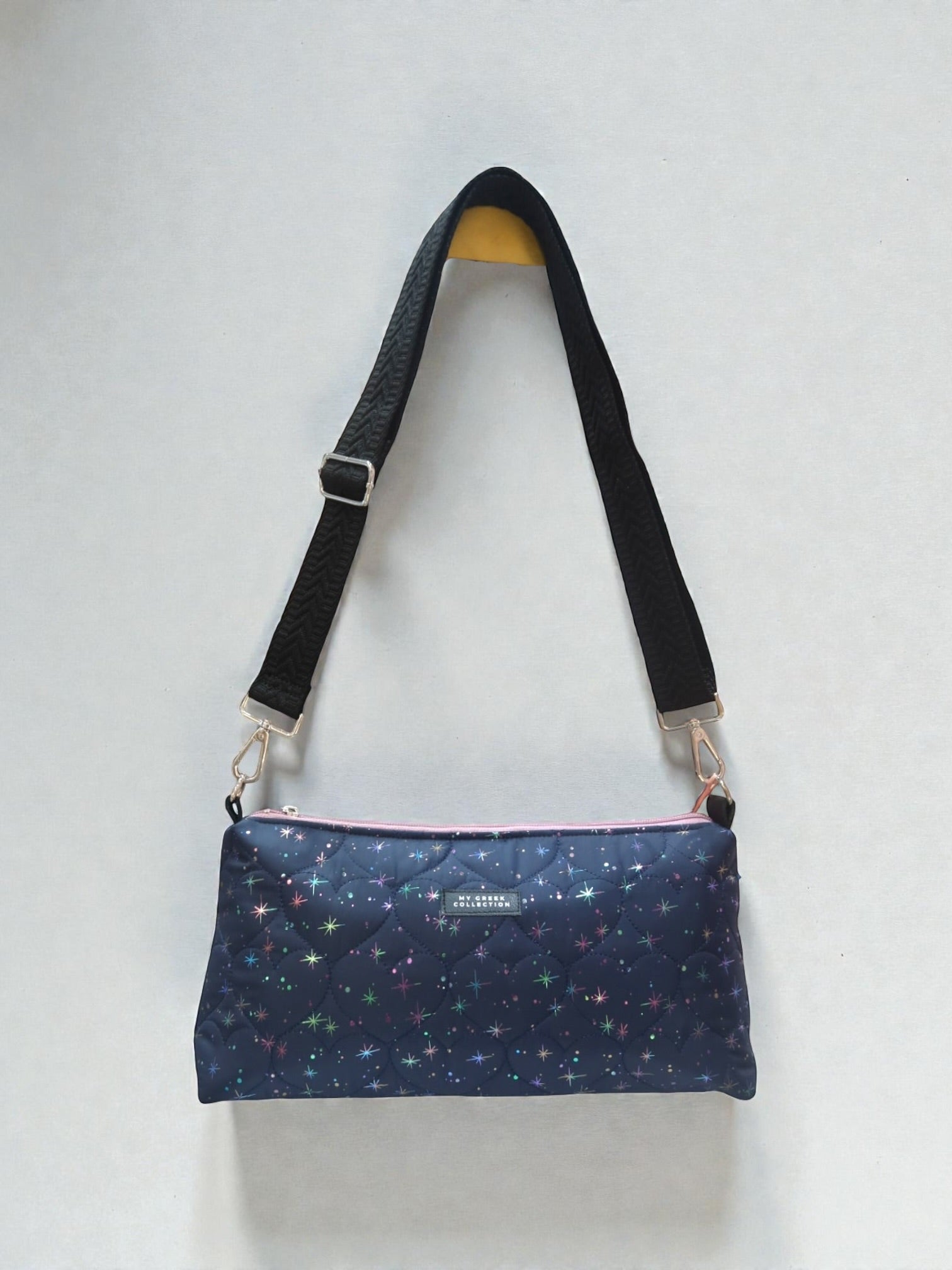 Kallia / reversible baguette bag blue with stars and purple