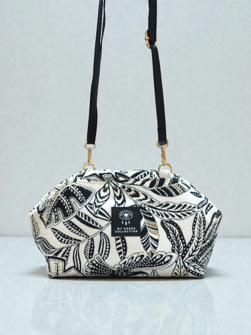 Thalia / Medium frame bag black and white leaves